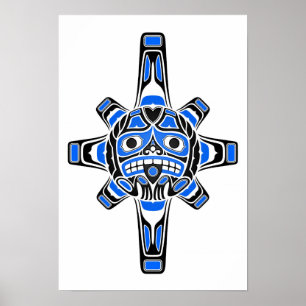 Poster Masque de soleil bleu et noir haïda en blanc