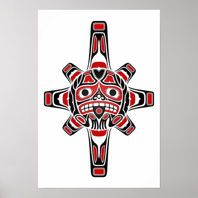 Poster Masque de soleil de Haida rouge et noir en blanc (Devant)