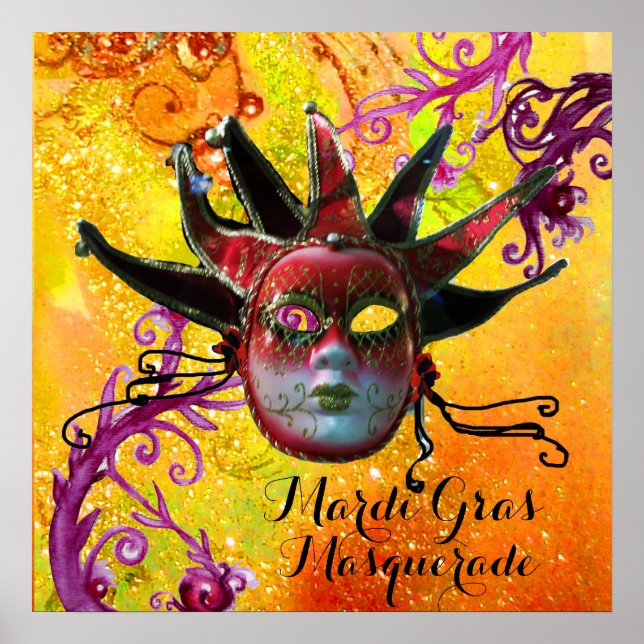 Poster MASQUE JESTER NOIR ET ROUGE, Fête Masquerade (Devant)