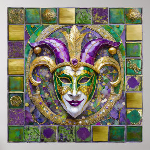 Poster Masque Mardi Gras Jester Vert Or