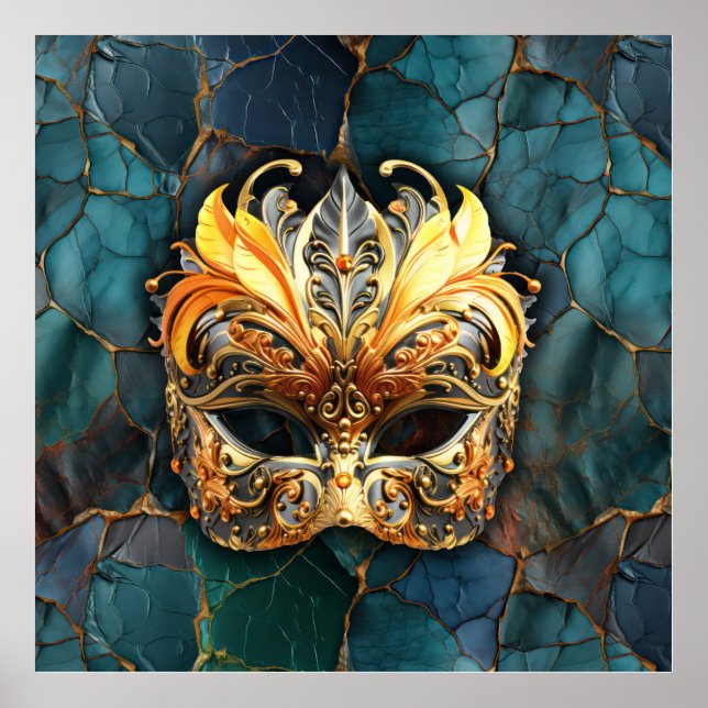 Poster Masque, plumes et Arrière - plan texturé Turquoise (Devant)