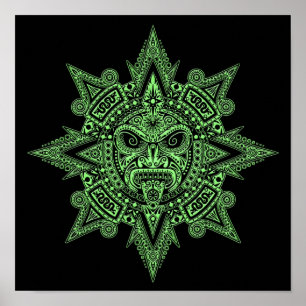 Poster Masque solaire Aztec vert sur noir