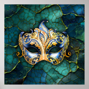 Poster Masque vénitien sur Arrière - plan Turquoise-bleu