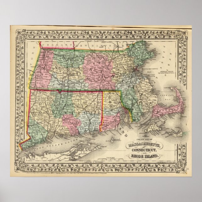 Poster Mass, Conn, RI Map par Mitchell (Devant)