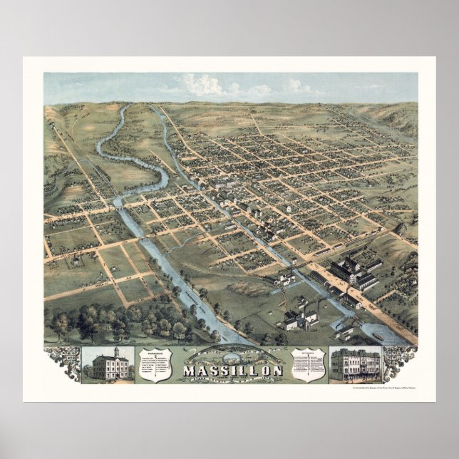 Poster Massillon, OH Carte panoramique - 1870 (Devant)