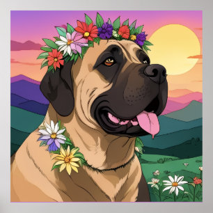 Poster Mastiff dogue anglais avec couronne de fleurs fête