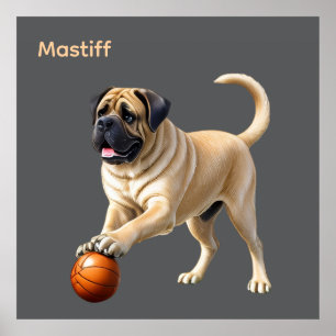 Poster Mastiff Dogue Anglaise avec ballon en vacances