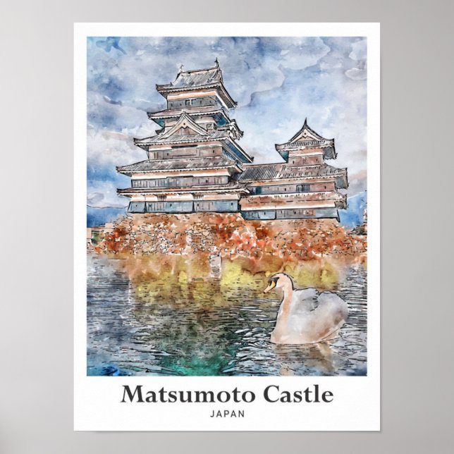 Poster Matsumoto Castle Japon Voyage Aquarelle croquis (Devant)