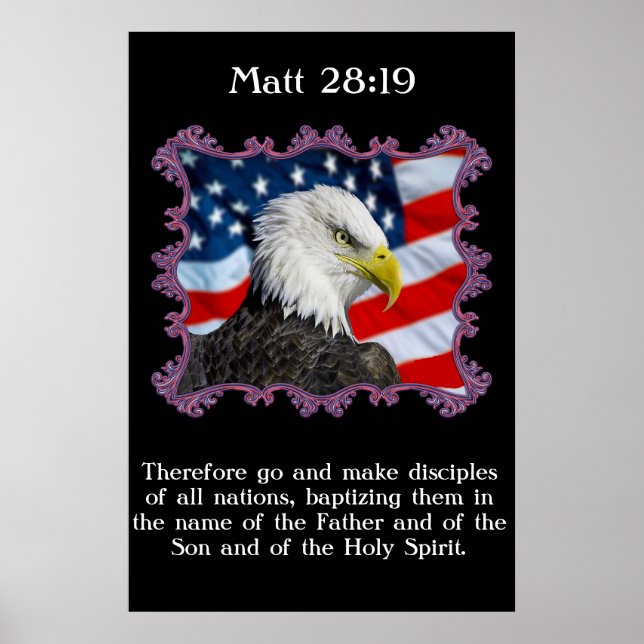 Poster Matt 28:19 Avec un aigle devant le drapeau américa (Devant)