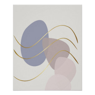Poster Mauve et Bleu Douce Abstraits avec Lignes Dorées