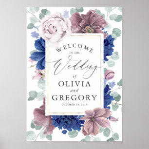 Poster Mauve et Marine Blue Floral Wreath Mariage Bienven