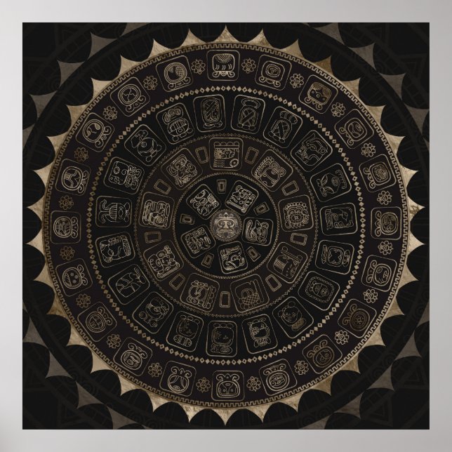 Poster Maya Calendrier Glyphes Pastel Or sur brun (Devant)
