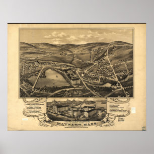 Poster Maynard Massachusetts 1879 Antique Panoramic Map