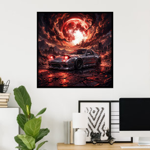 Poster Mazda RX7 FC sous une lune cramoisie