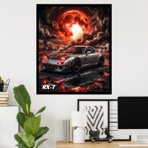 Poster Mazda RX-7 sous une lune cramoisie