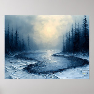 Poster Méandre de la rivière d'hiver – Scène de forêt bru