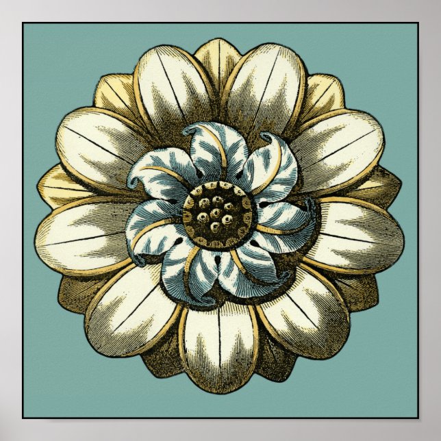Poster Médaillon floral orné sur Arrière - plan bleu clai (Devant)