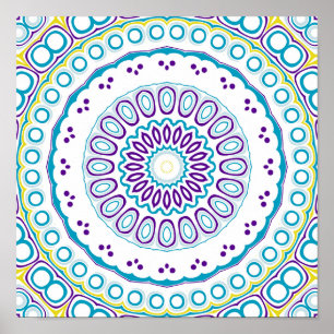 Poster Médaillon kaléidoscopique en violet et bleu sur bl