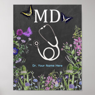 Poster Médecin MD Stéthoscope Floral Personnalisé