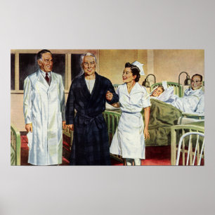 Poster Médecine vintage, médecin et infirmière avec patie