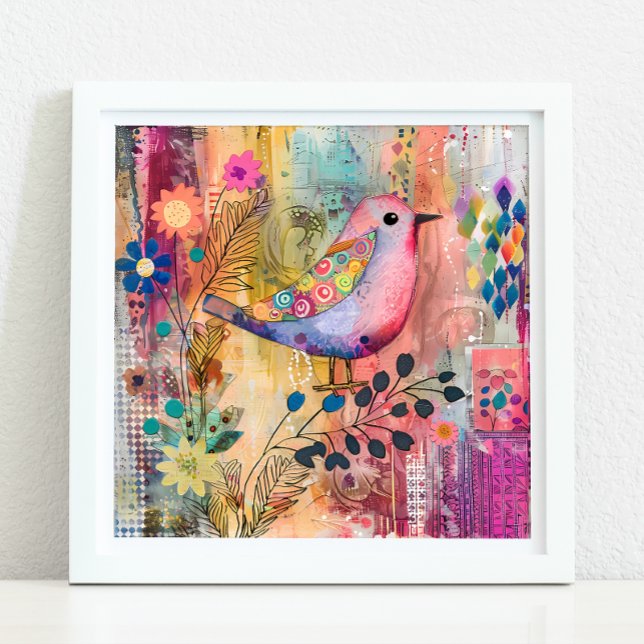 POSTER MÉDIA OISEAU COLORÉ (COLORFUL BIRD MIXED MEDIA POSTER)