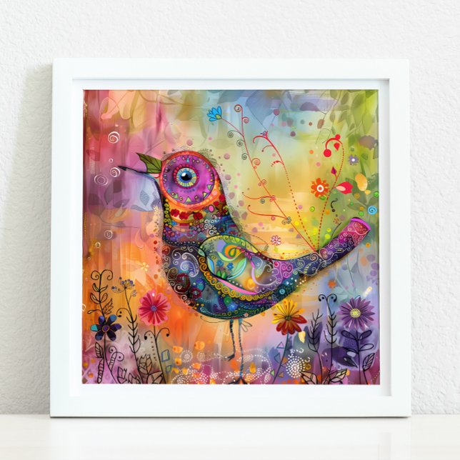 POSTER MÉDIA OISEAU COLORÉ (COLORFUL BIRD MIXED MEDIA POSTER)