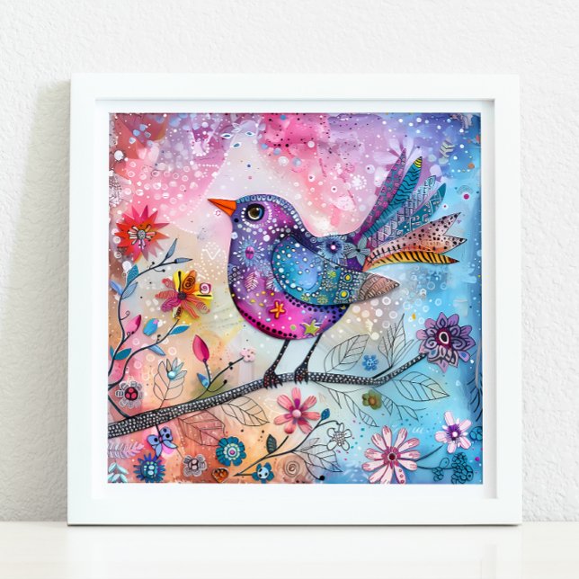 POSTER MÉDIA OISEAU COLORÉ (COLORFUL BIRD MIXED MEDIA POSTER)