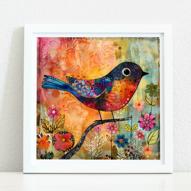 POSTER MÉDIA OISEAU COLORÉ (COLORFUL BIRD MIXED MEDIA POSTER)
