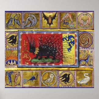 Poster MEDIEVAL BESTIARY,BLACK HEDGEHOG KING and ANIMALS 