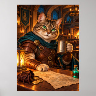 Poster Medieval Cat Adventurer in a Cozy Tavern