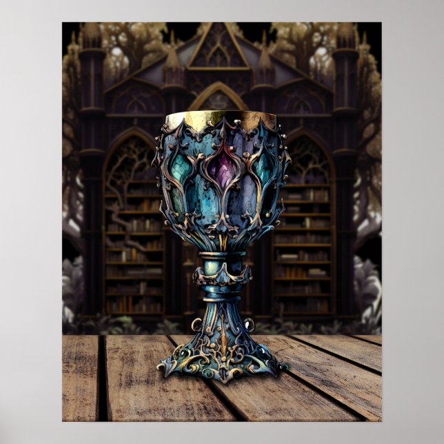 Poster Médiéval gothique violet bleu Gobelet bibliothèque (Devant)