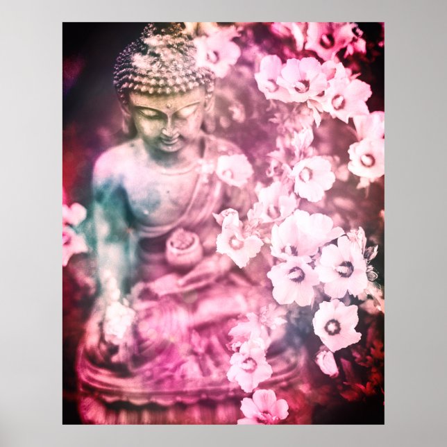 Poster *~* Méditation Bouddha Zen Méditer Fleurs rose (Devant)