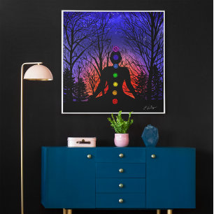 Poster Méditation dans le parc   Yoga, arbres et coucher 