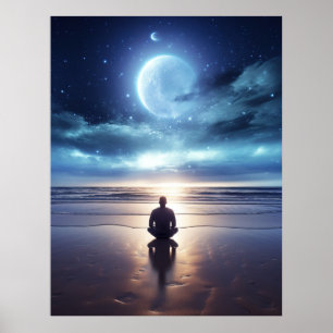 Poster Méditation spirituelle de l'homme sur la plage à l