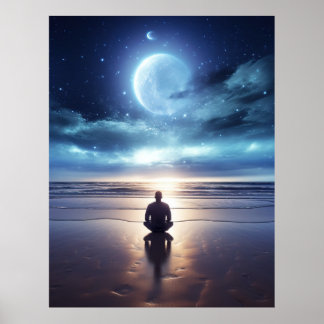 Poster Méditation spirituelle de l'homme sur la plage à l