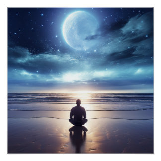 Poster Méditation spirituelle de l'homme sur la plage à l