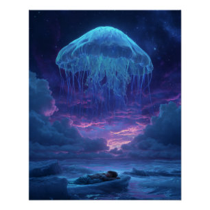 Poster Méduse géante lumineuse au-dessus de l'océan de rê