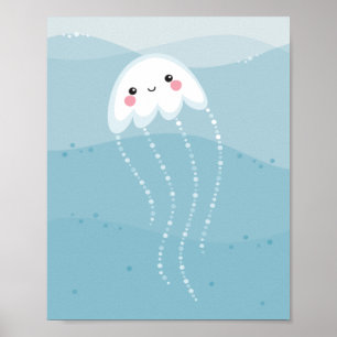 Poster Méduses kawaii mignonnes nageant dans des vagues b
