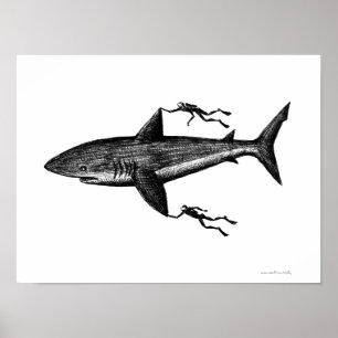 Poster Megalodon requin et plongeurs cool encre dessin