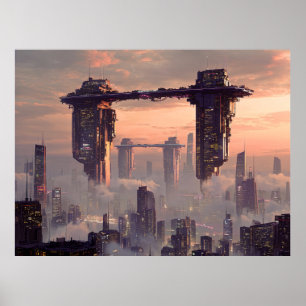 Poster Mégastructures flottantes futuristes au-dessus de 