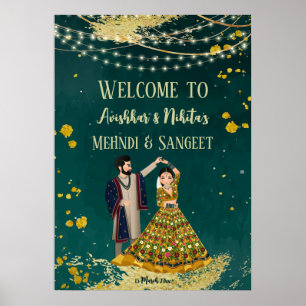 Poster Mehndi sangeet green avec couple dansant bienvenue