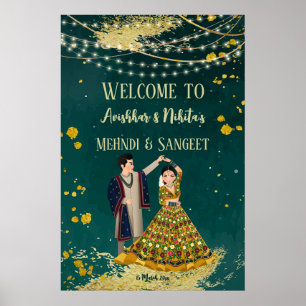 Poster Mehndi sangeet green avec couple dansant bienvenue