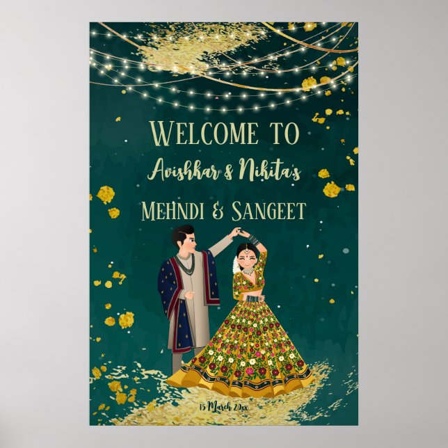 Poster Mehndi sangeet green avec couple dansant bienvenue (Devant)