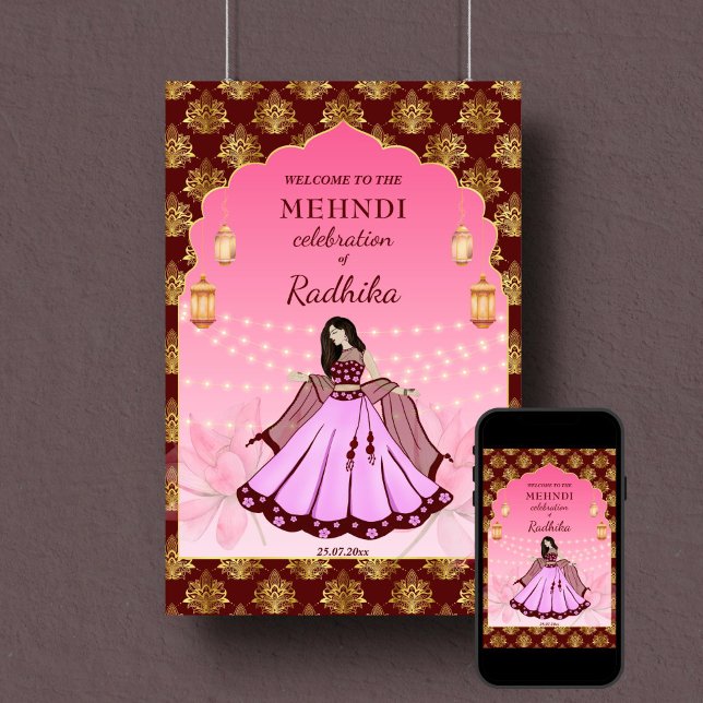 Poster Mehndi signe de bienvenue dansant maroon de la mar (Mehndi welcome sign poster instant download maroon and gold pink arch frame dancing Indian bride)