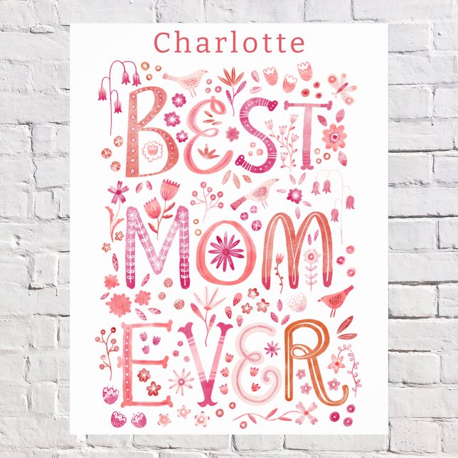 Poster Meilleure couleur d'eau personnalisée pour maman (Best Mom Ever personalized name poster with watercolor hand lettering)
