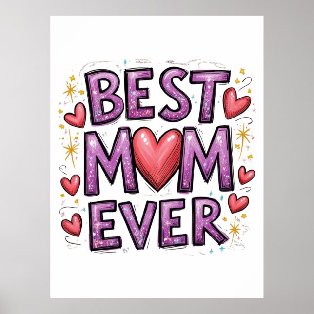 Poster Meilleure maman jamais avec les coeurs et les étin (Devant)