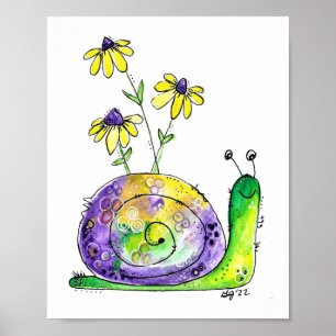 Poster Mélange Whimsical Happy Snail avec Fleurs Jaunes