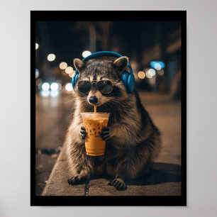 Poster Mème d'animal drôle raton laveur buvant du café gl