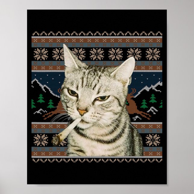 Poster Mème de chat drôle fumant Pull de Noël laid Chat  (Devant)