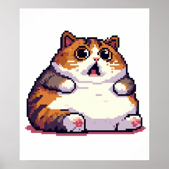 Poster Mème de chat gras orange choqué pixel art (Devant)